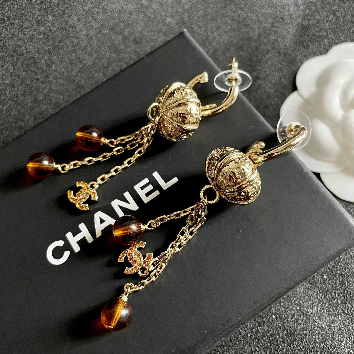 Double-C Emblem Crystal-Accent Statement Earrings – Design 003 detail view