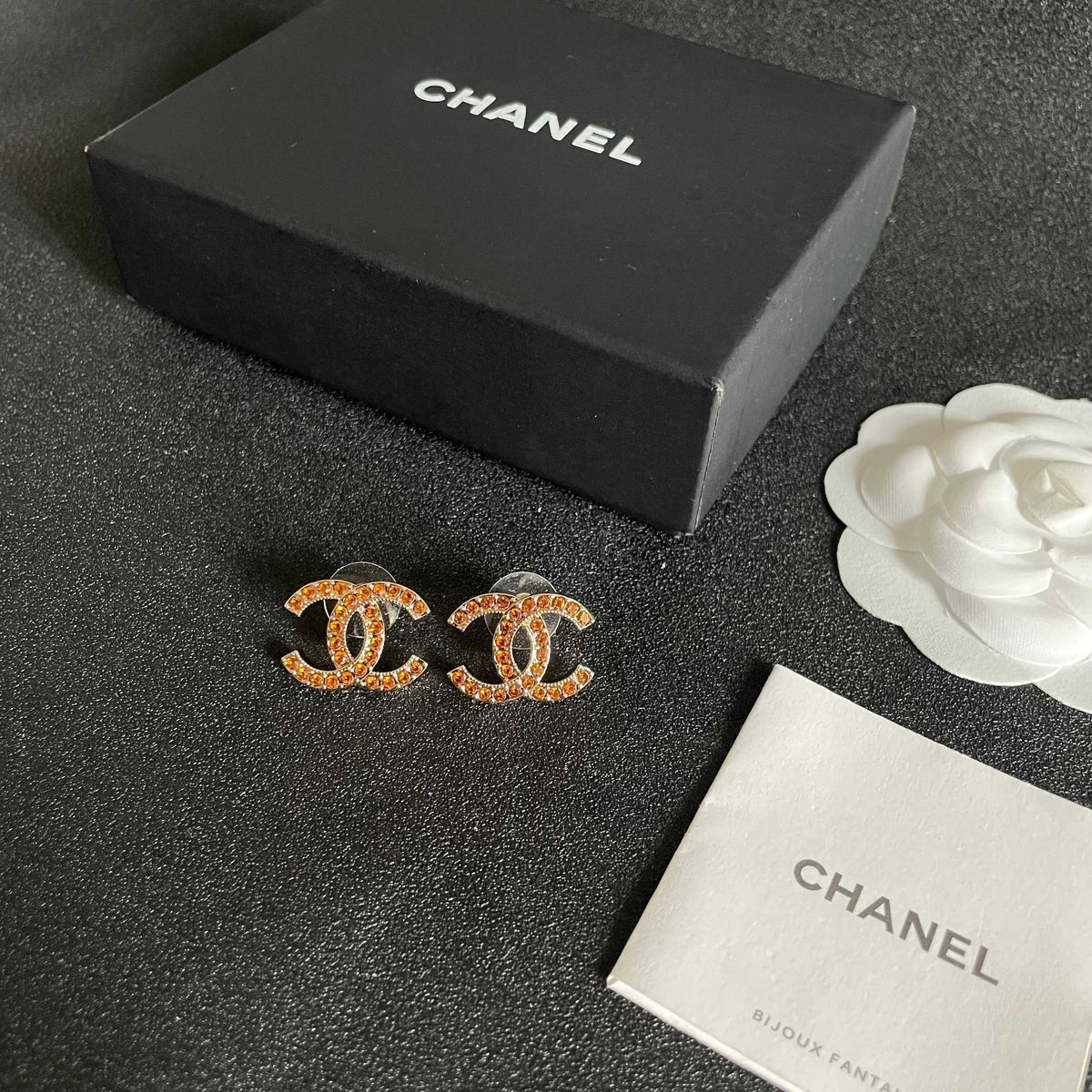 Double-C Emblem Crystal-Accent Stud Earrings – Design 002 close-up detail