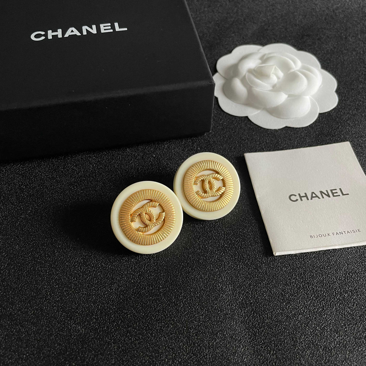 Double-C Emblem Stud Earrings in Polished Metal-Tone – Design 009 styled product view