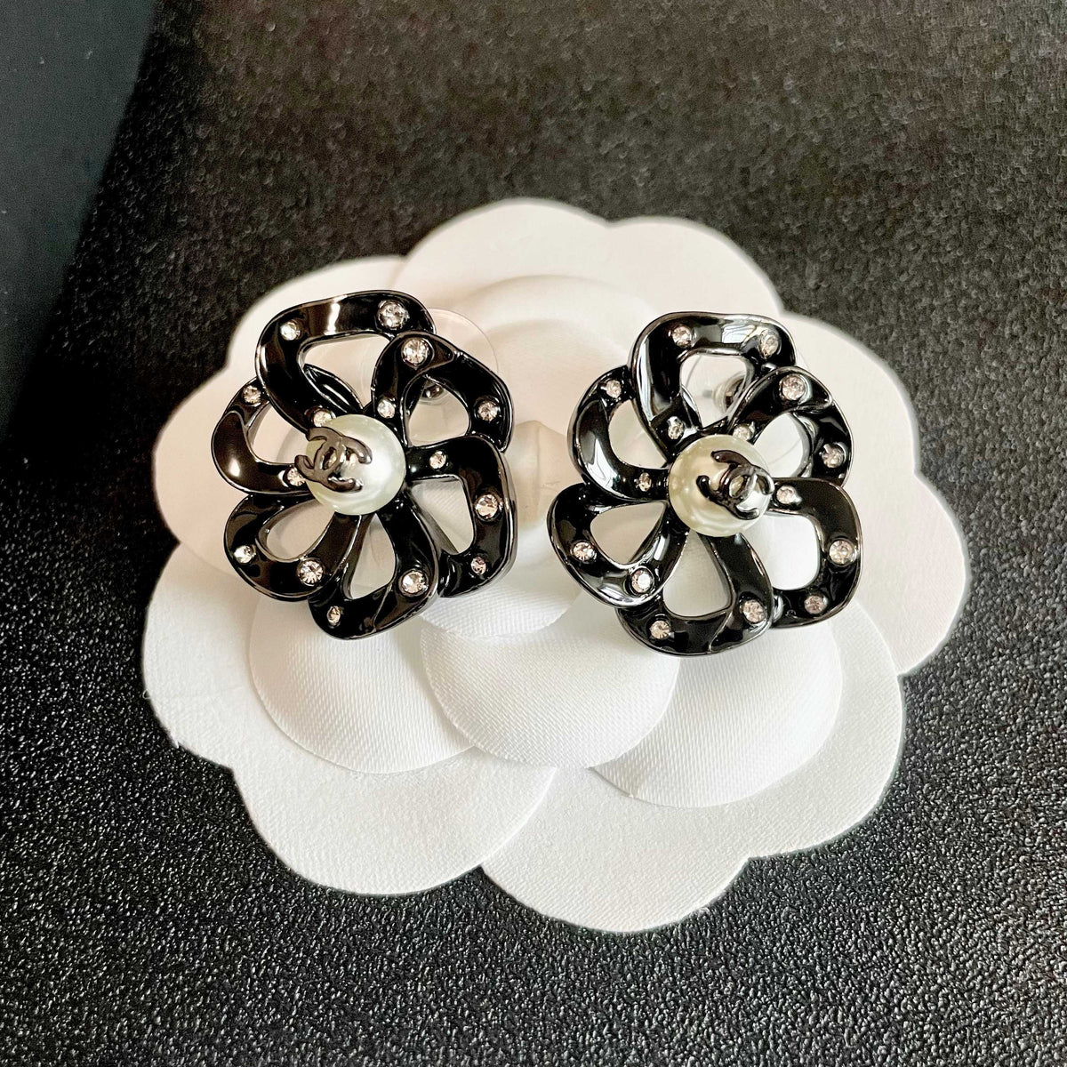 Camellia Stud Earrings in Polished Metal-Tone – Camellia Detail – Design 008 front product view