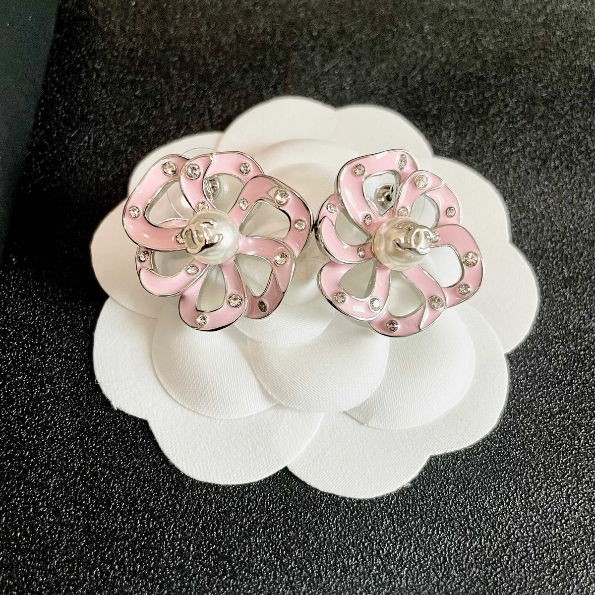 Camellia Stud Earrings in Polished Metal-Tone – Camellia Detail – Design 006 front product view