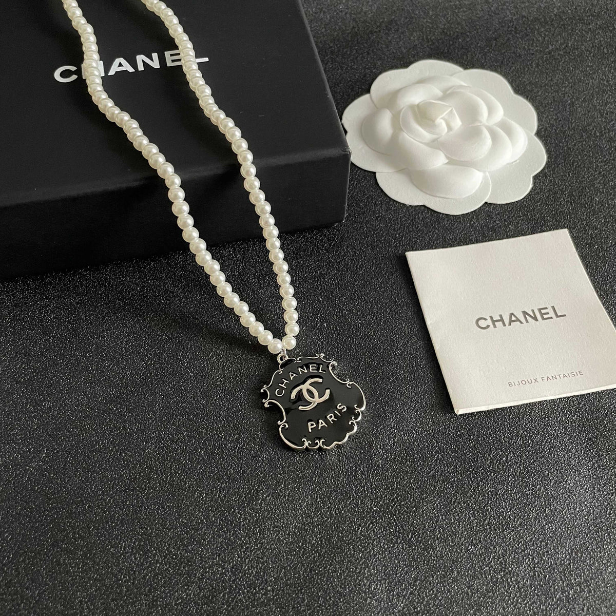 Double-C Emblem Pearl-Detail Pendant Necklace – Pearl Detail – Design 003 styled product view