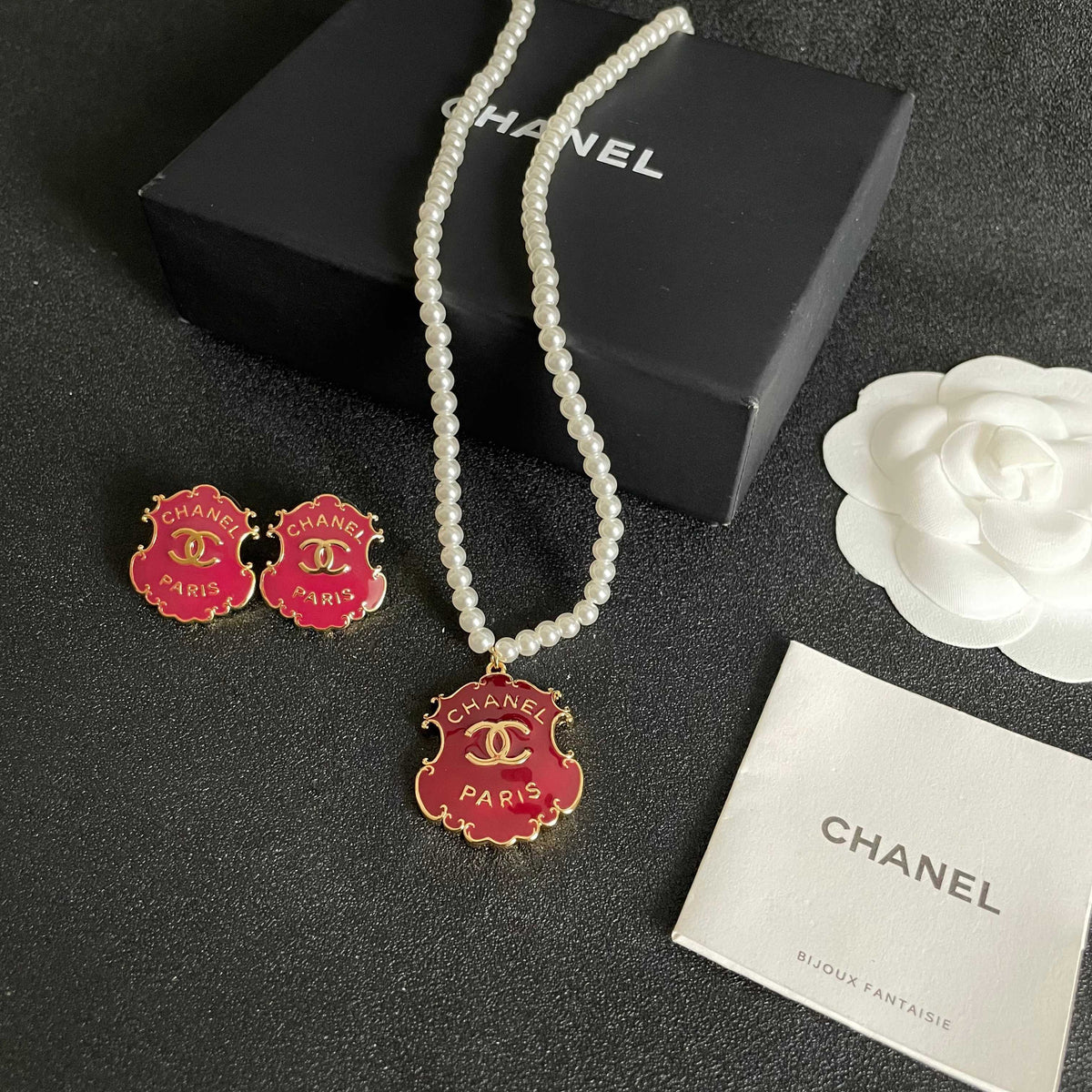 Double-C Emblem Pearl-Detail Pendant Necklace – Pearl Detail – Design 002 close-up detail
