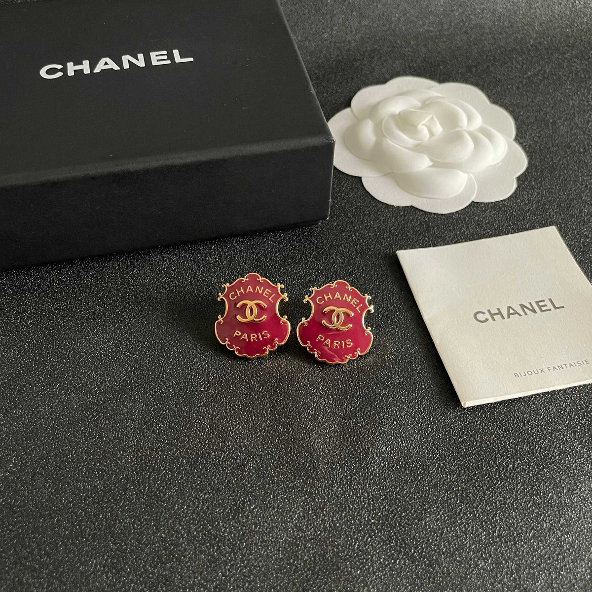 Double-C Emblem Stud Earrings in Polished Metal-Tone – Design 005 styled product view