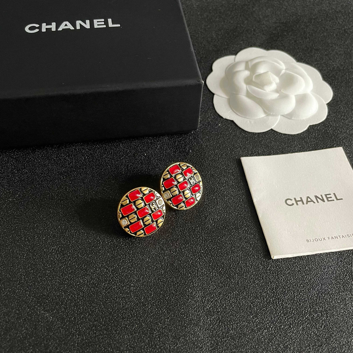 Double-C Emblem Stud Earrings in Polished Metal-Tone – Design 002 styled product view