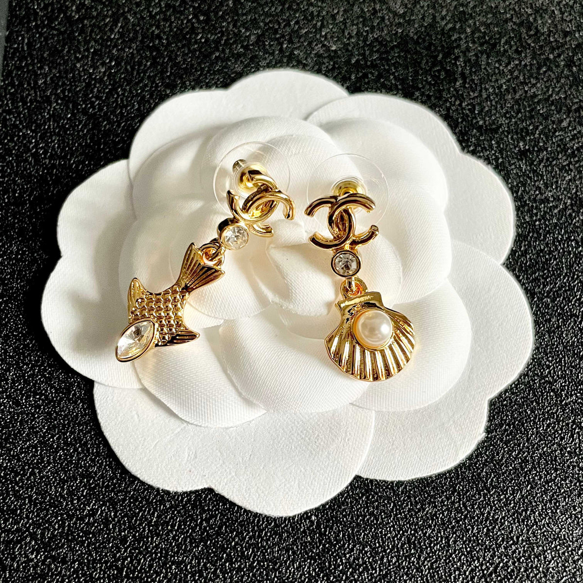 Double-C Emblem Statement Earrings in Polished Metal-Tone – Design 001 front product view