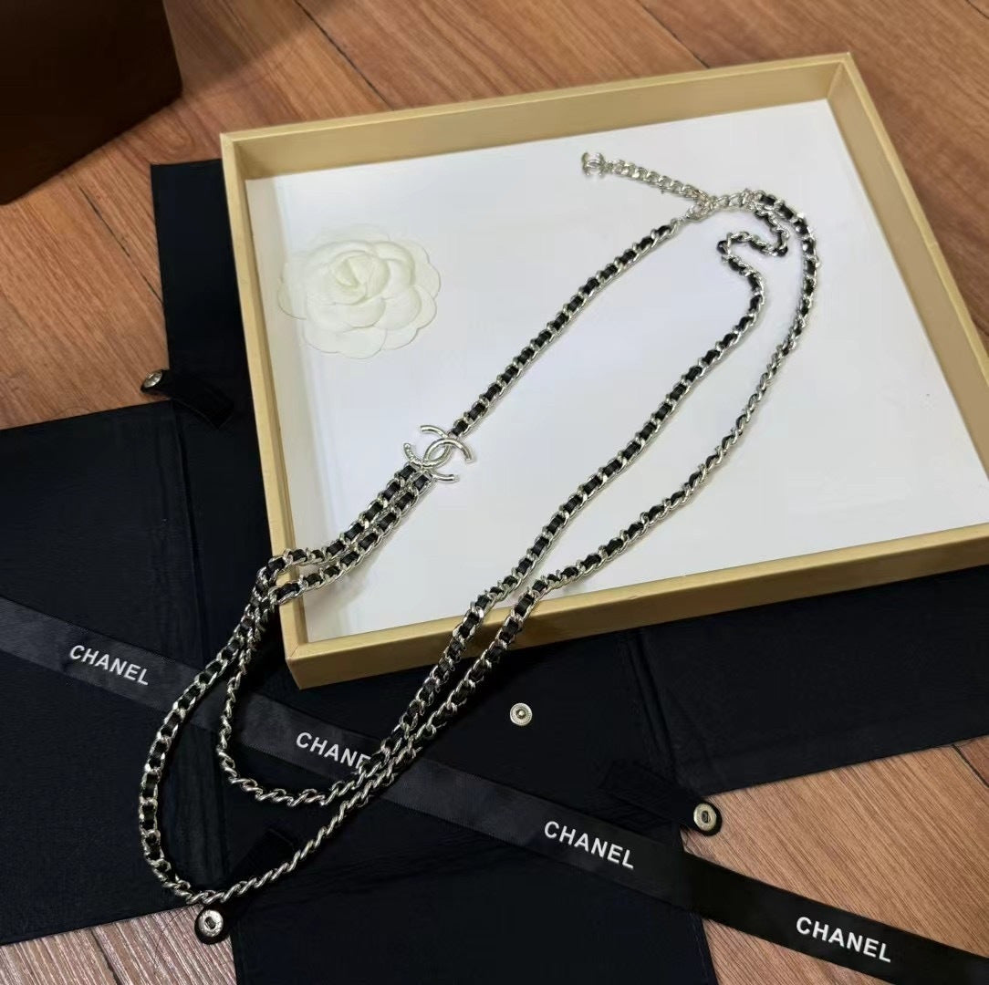 Double-C Emblem Pendant Necklace in Polished Metal-Tone – Black Detail – Design 003 detail view