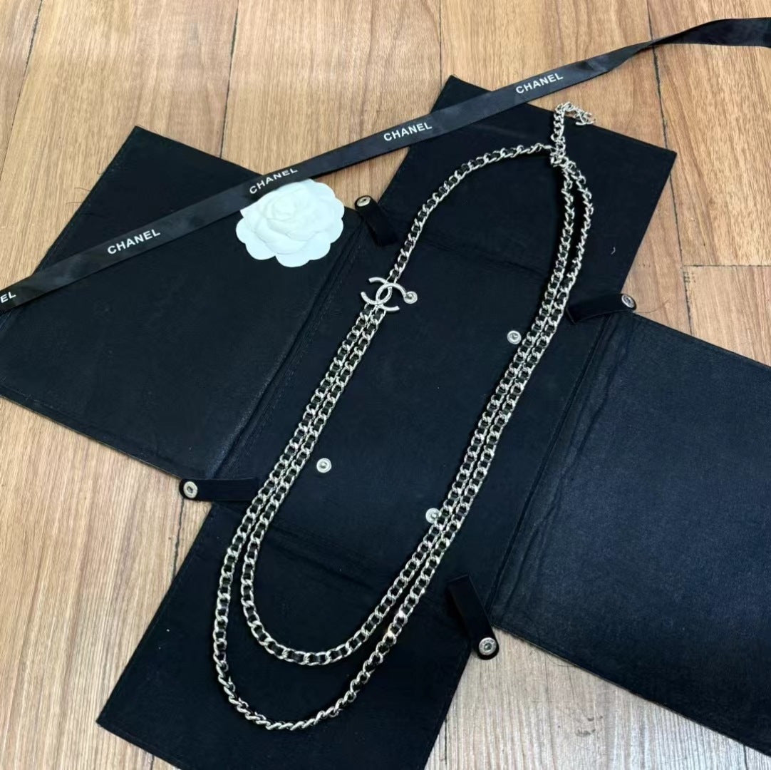 Double-C Emblem Pendant Necklace in Polished Metal-Tone – Black Detail – Design 003 main product view