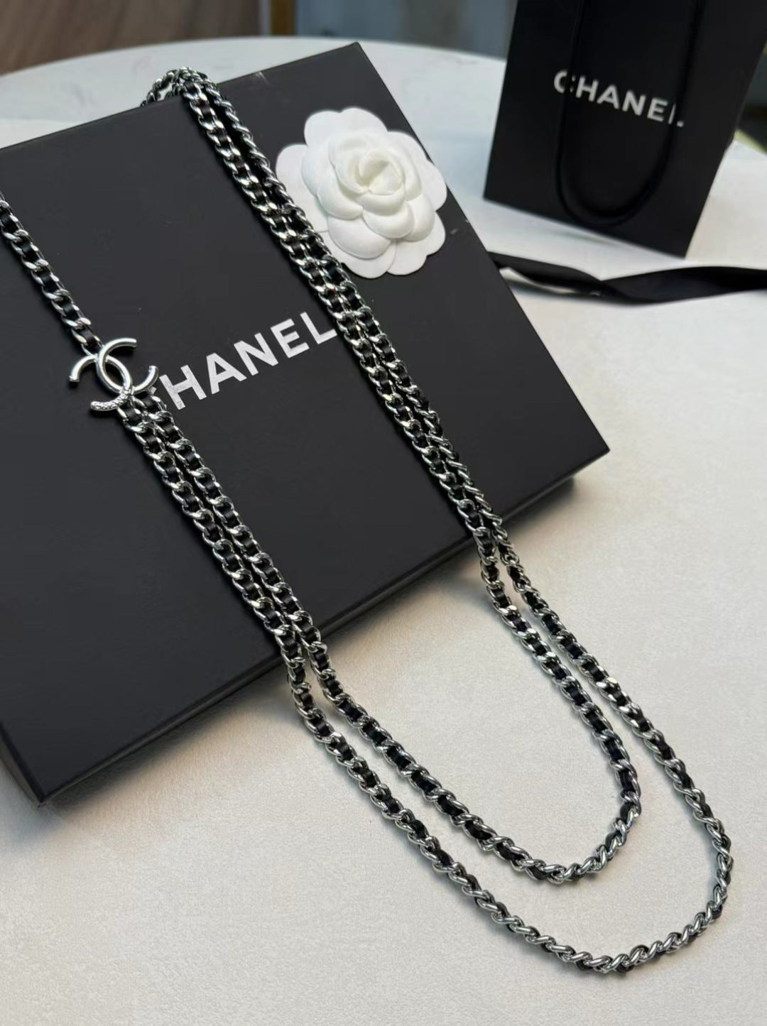 Double-C Emblem Pendant Necklace in Polished Metal-Tone – Black Detail – Design 003 front product view