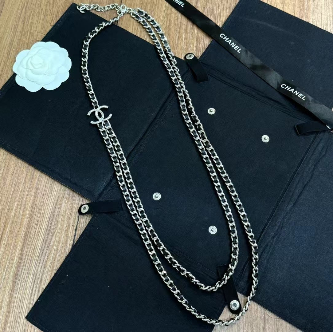 Double-C Emblem Pendant Necklace in Polished Metal-Tone – Black Detail – Design 003 front product view