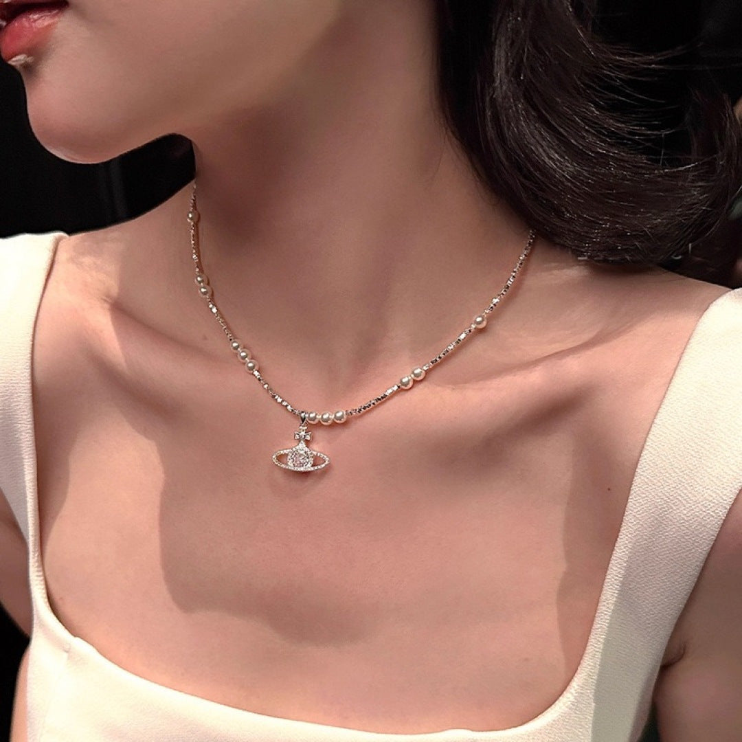 Orb Pendant Necklace in Polished Metal-Tone – Pearl Detail main product view