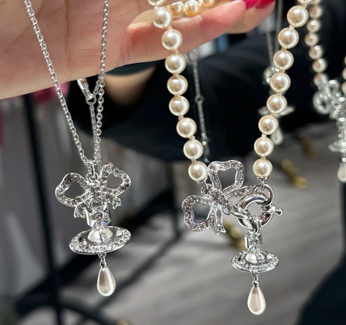 Orb Pendant Necklace in Polished Metal-Tone – Pearl Detail – Design 004 detail view