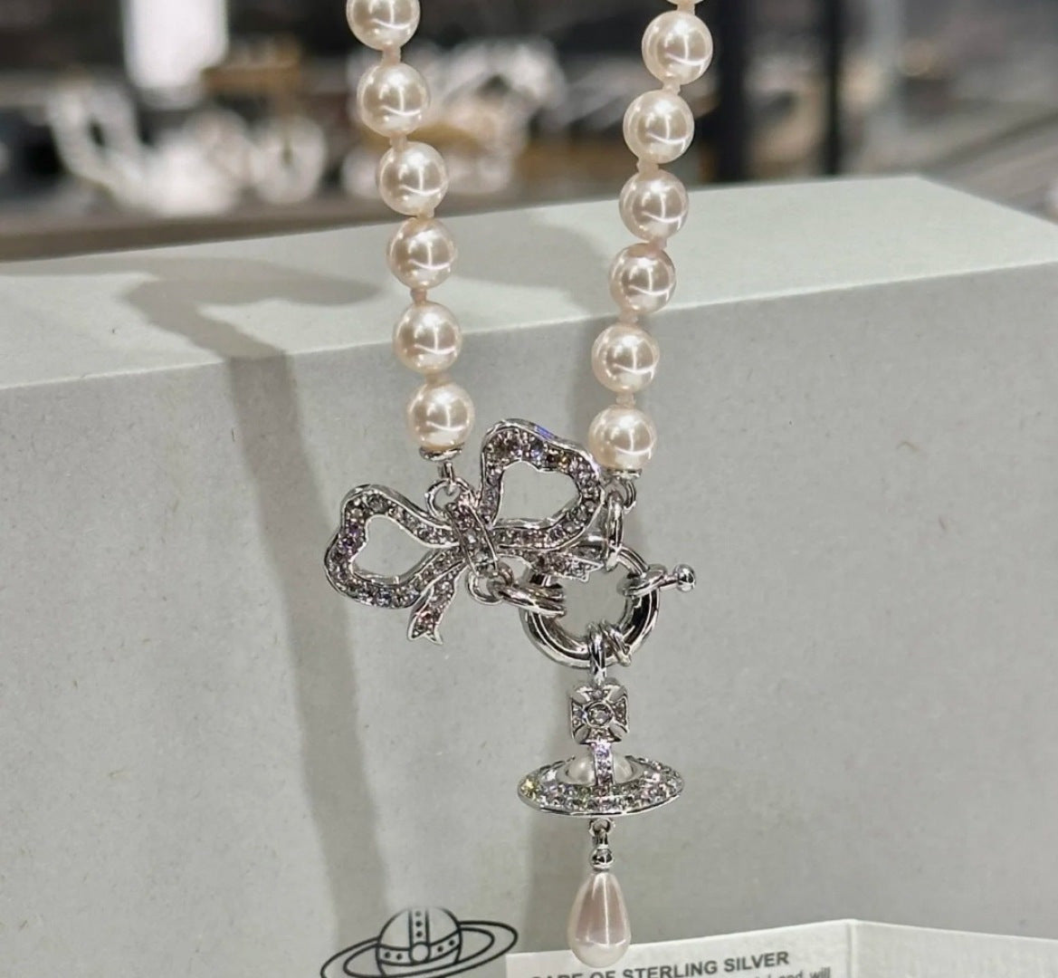 Orb Pendant Necklace in Polished Metal-Tone – Pearl Detail – Design 004 close-up detail