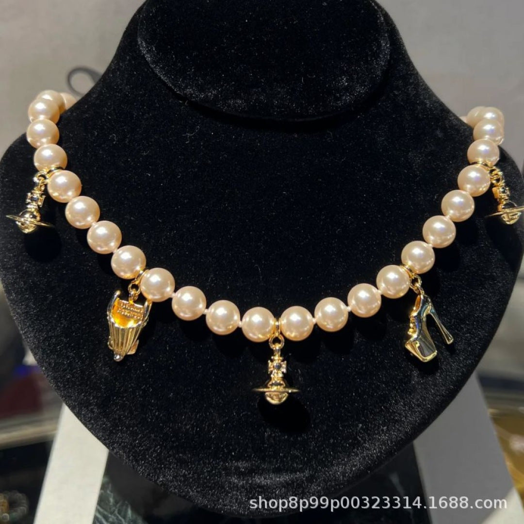 Orb Pendant Necklace in Polished Metal-Tone – Pearl Detail – Design 003 side detail