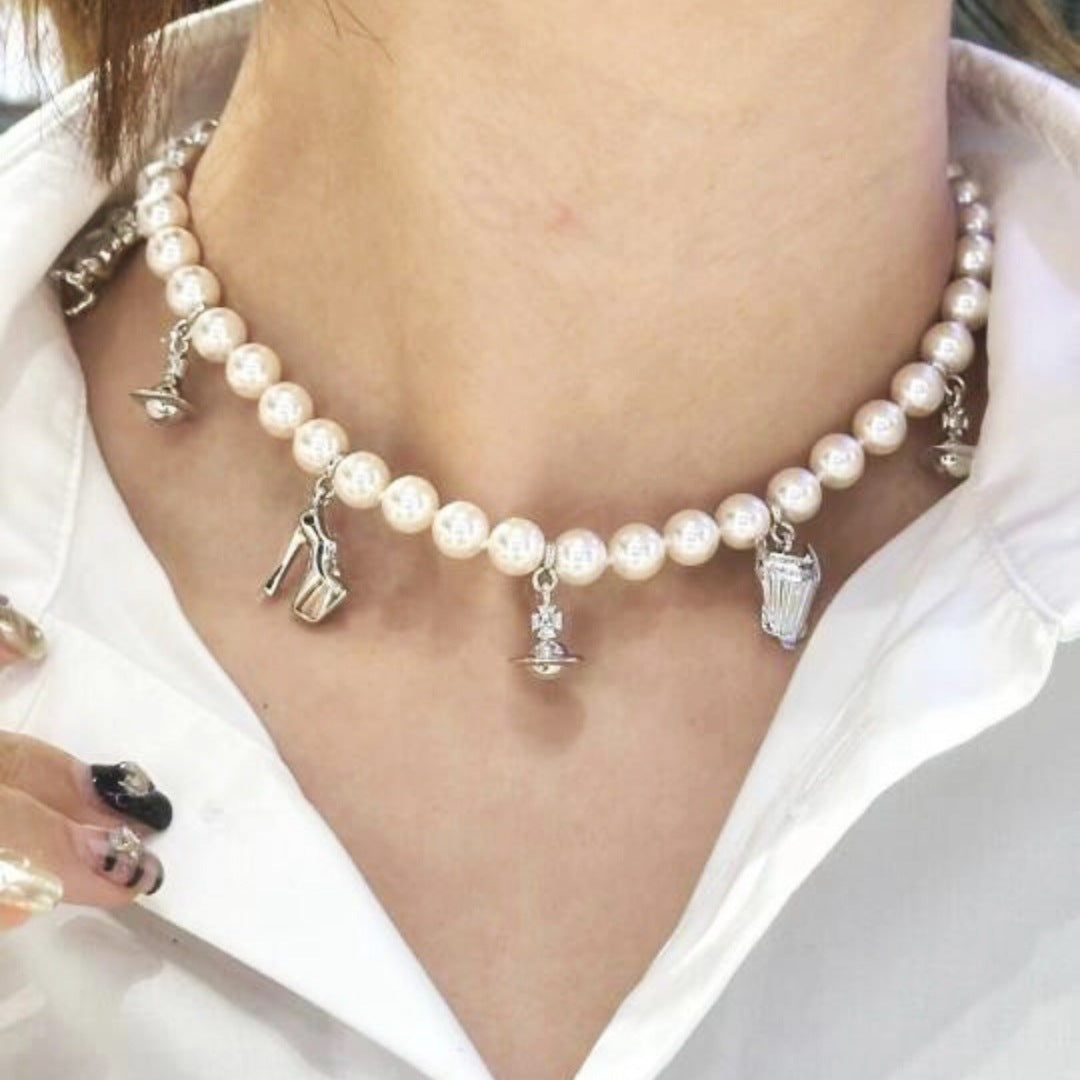 Orb Pendant Necklace in Polished Metal-Tone – Pearl Detail – Design 003 main product view