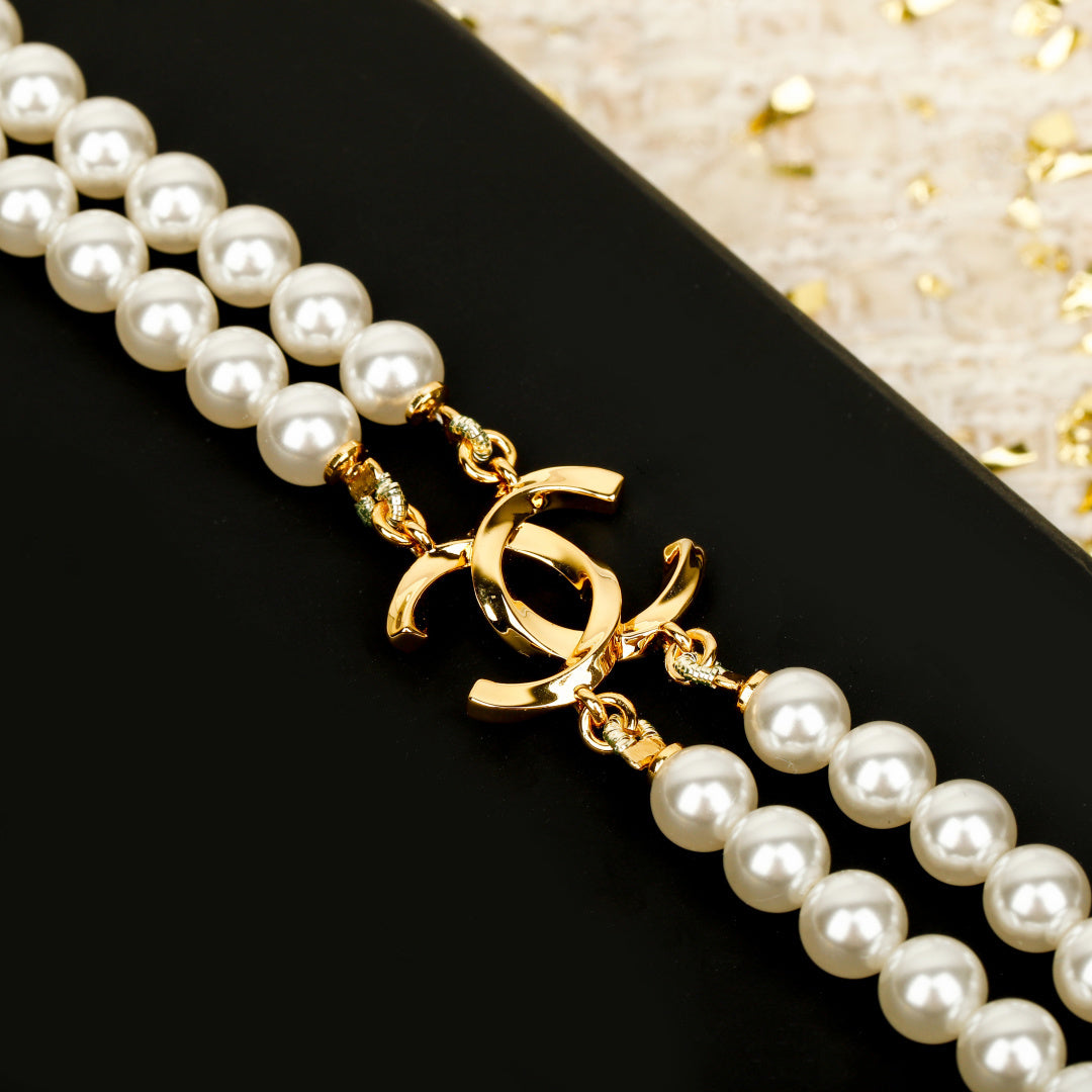 Double-C Emblem Pearl-Detail Pendant Necklace – Pearl Detail – Design 059 close-up detail