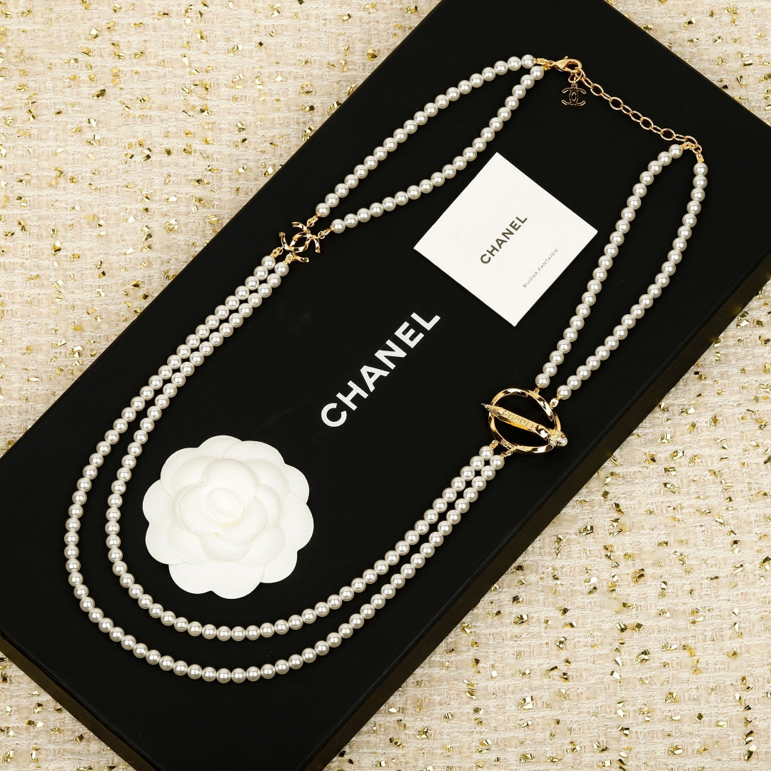 Double-C Emblem Pearl-Detail Pendant Necklace – Pearl Detail – Design 059 front product view
