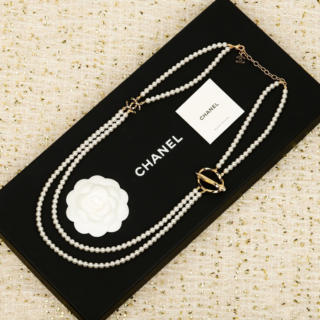 Double-C Emblem Pearl-Detail Pendant Necklace – Pearl Detail – Design 059 main product view