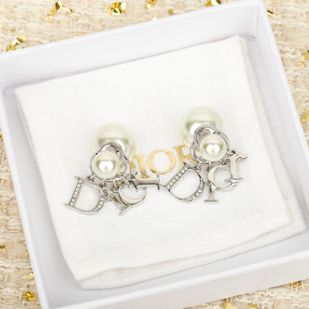 Letter Emblem Stud Earrings in Silver-Tone – Silver Detail – Design 008 front product view