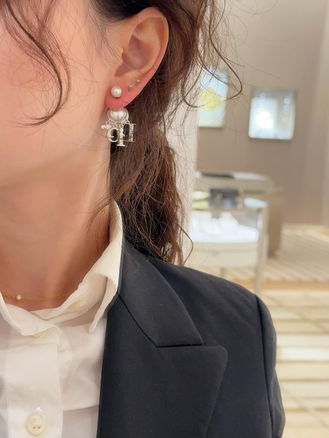 Letter Emblem Stud Earrings in Silver-Tone – Silver Detail – Design 008 main product view