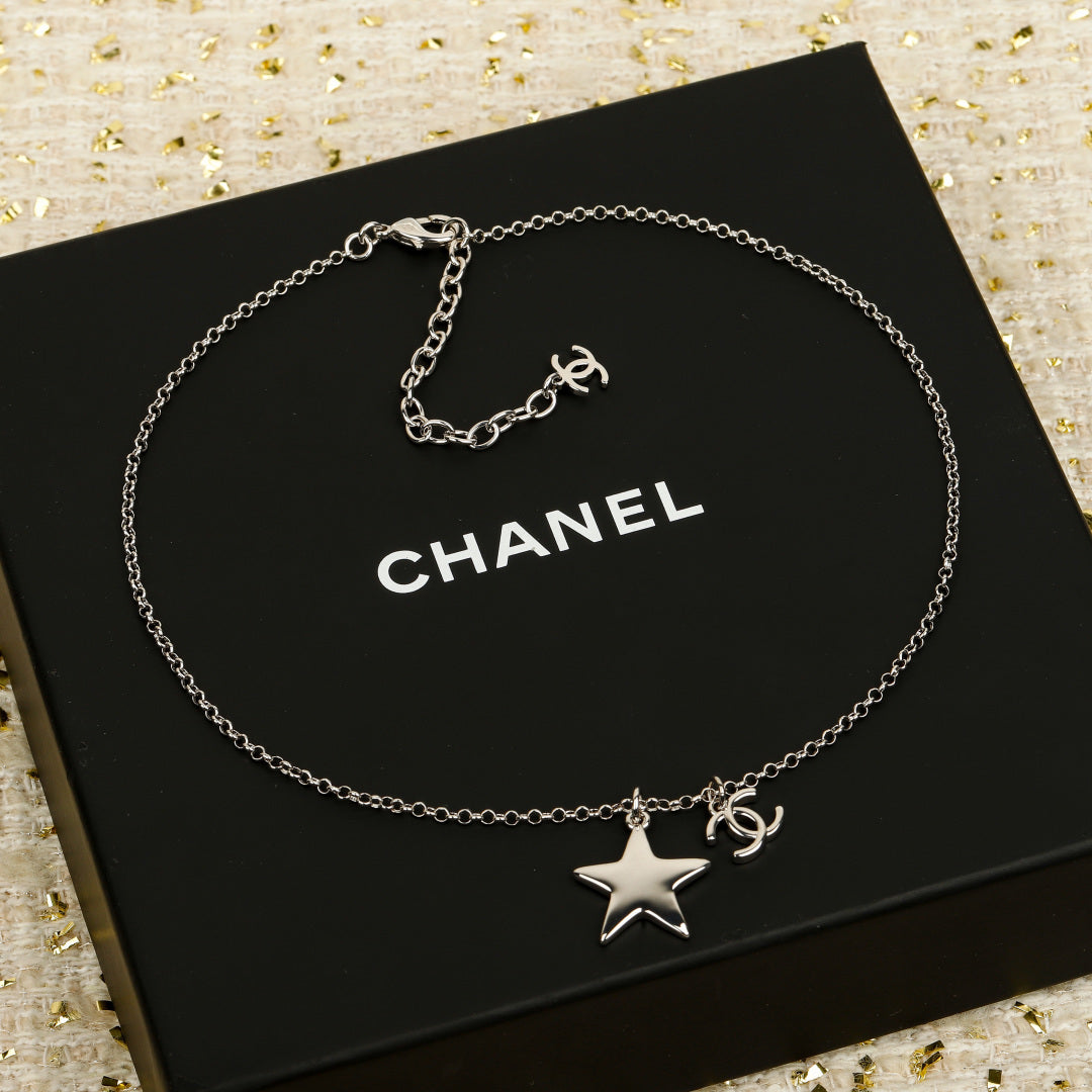 Double-C Emblem Pendant Necklace in Silver-Tone – White Detail front product view