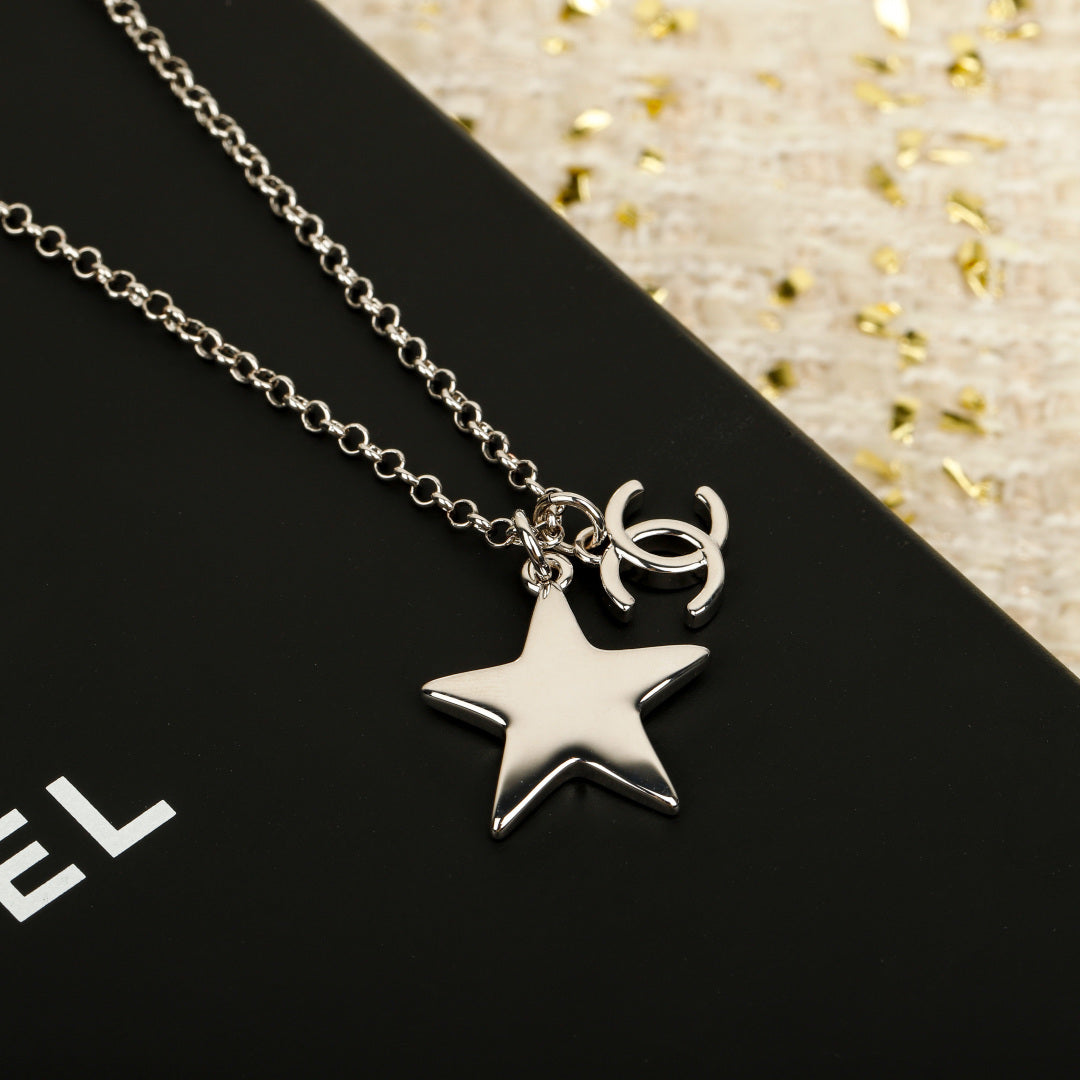 Double-C Emblem Pendant Necklace in Silver-Tone – White Detail detail view