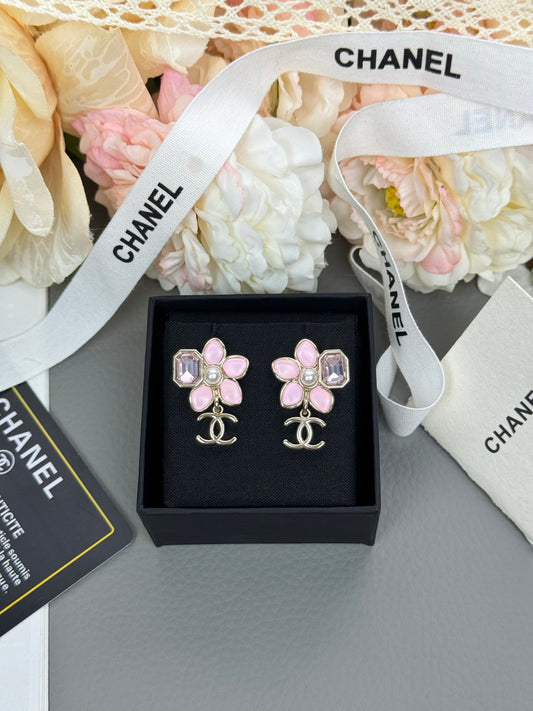 Double-C Emblem Statement Earrings in Polished Metal-Tone – Pink Detail main product view