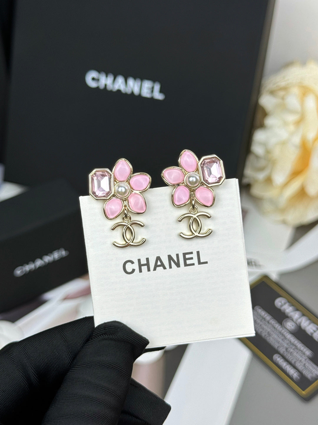 Double-C Emblem Statement Earrings in Polished Metal-Tone – Pink Detail front product view