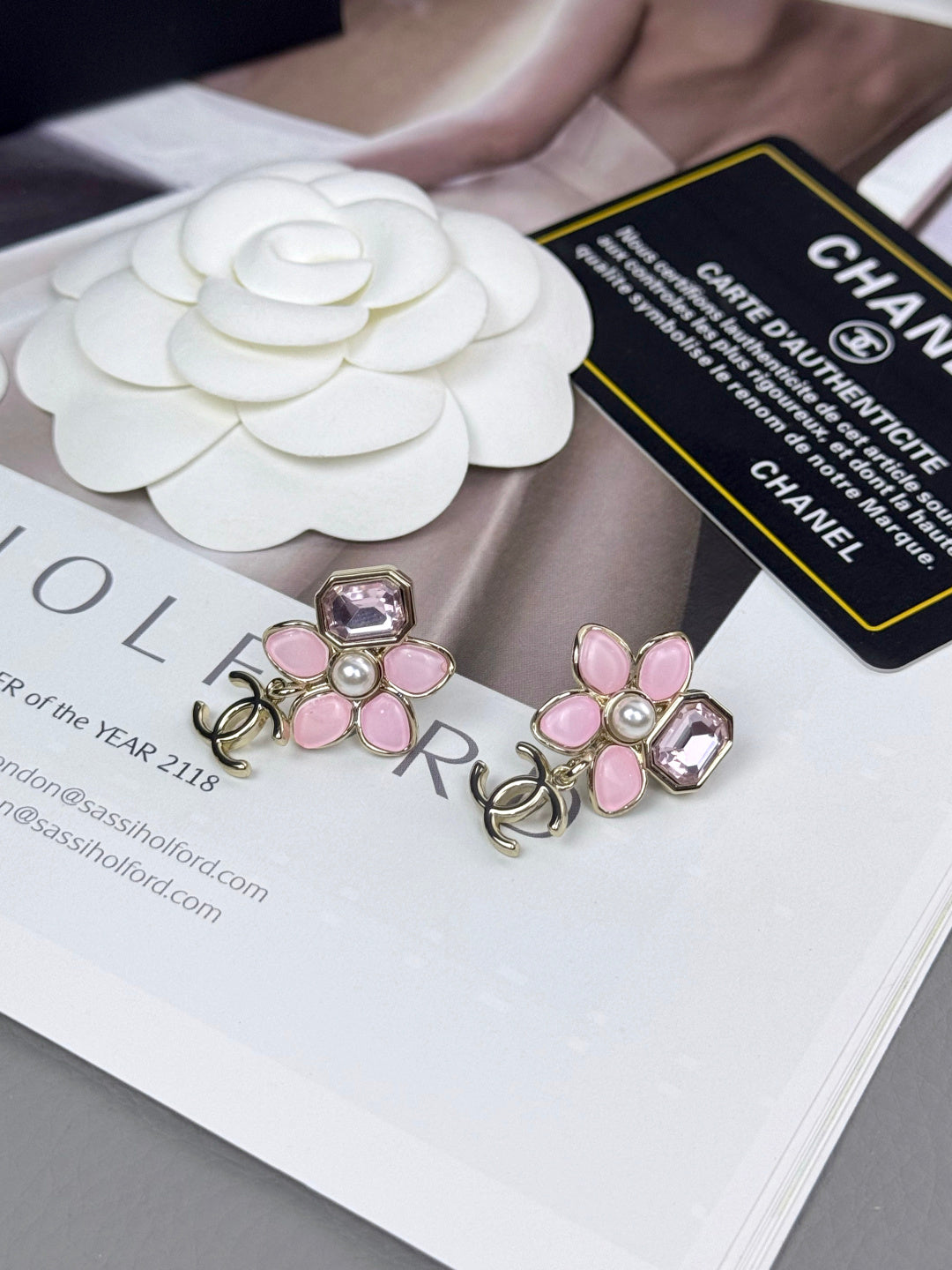 Double-C Emblem Statement Earrings in Polished Metal-Tone – Pink Detail side detail