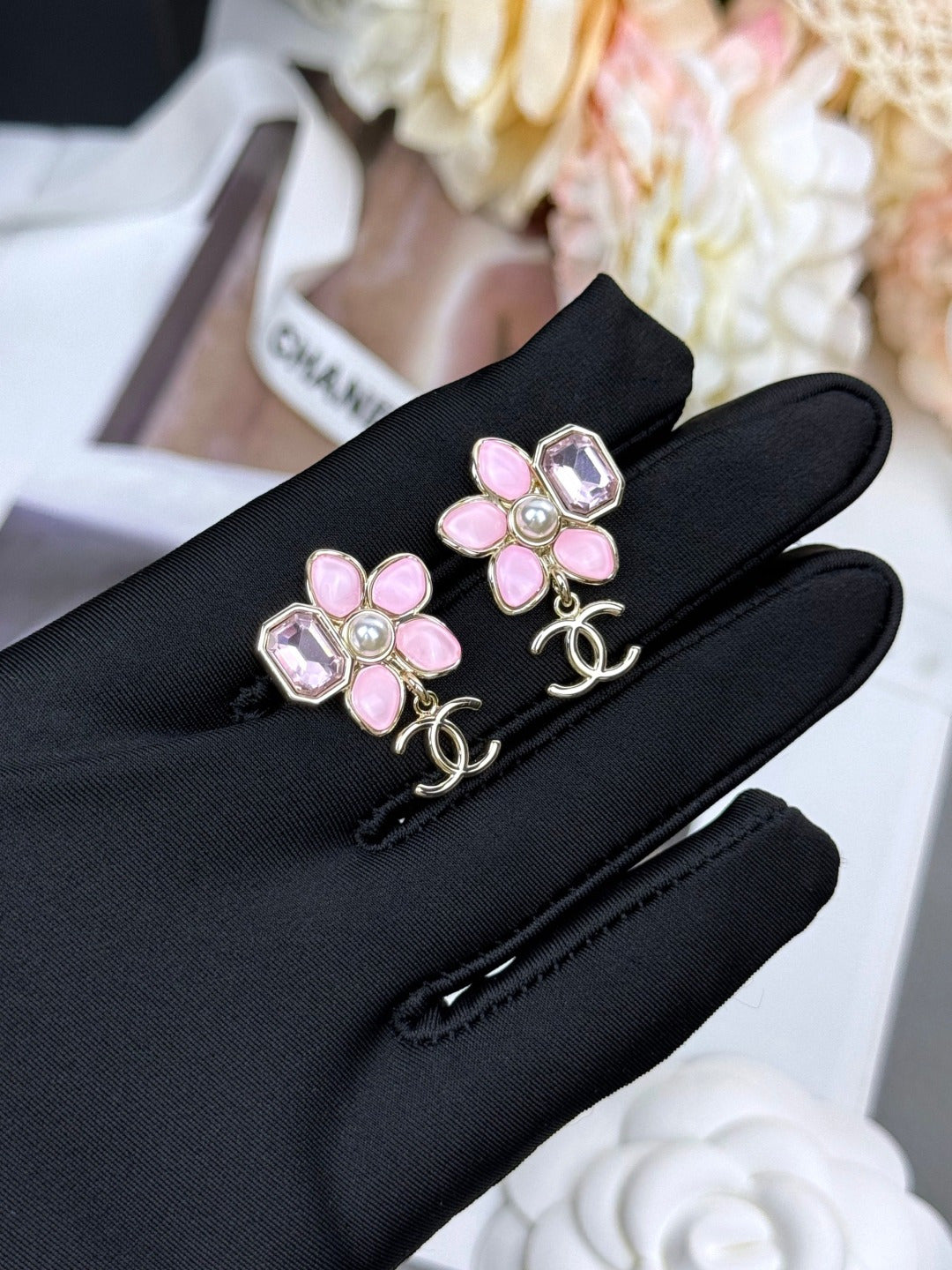 Double-C Emblem Statement Earrings in Polished Metal-Tone – Pink Detail main product view