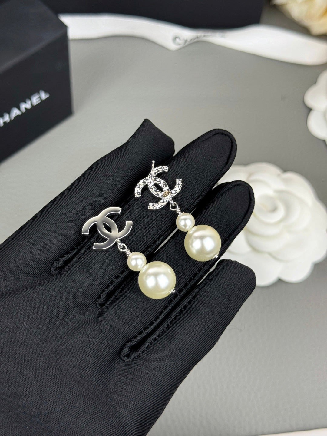 Double-C Emblem Pearl-Detail Statement Earrings – Pearl Detail – Design 025 styled product view