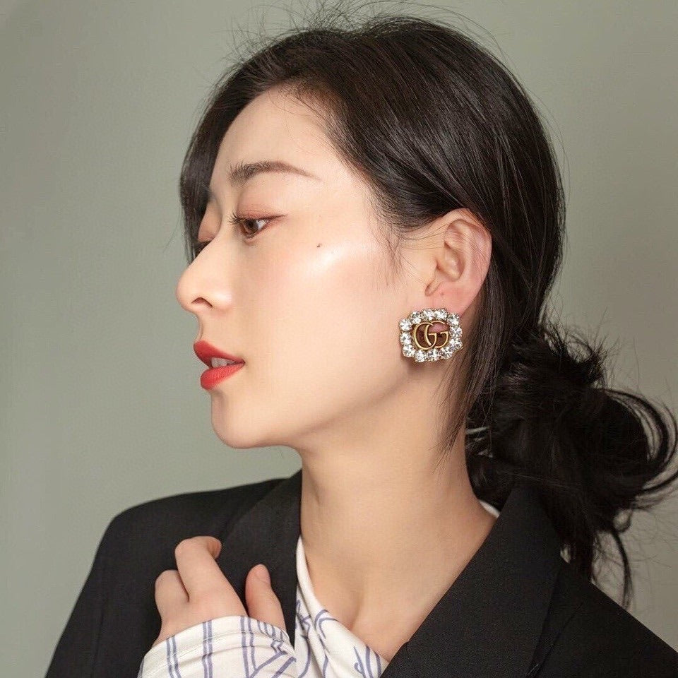 Geometric Emblem Stud Earrings in Polished Metal-Tone – Design 049 front product view