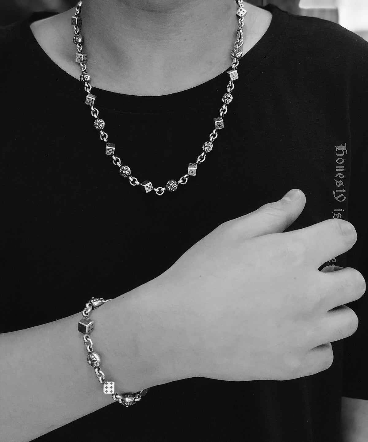 Cross Pendant Necklace in Metal-Tone – Dice Detail front product view