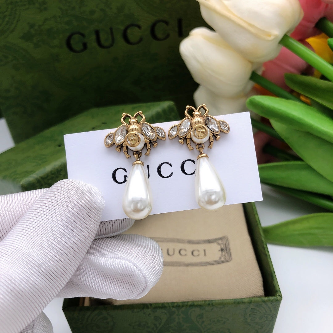 Bee Stud Earrings in Polished Metal-Tone – Bee Detail – Design 005 front product view