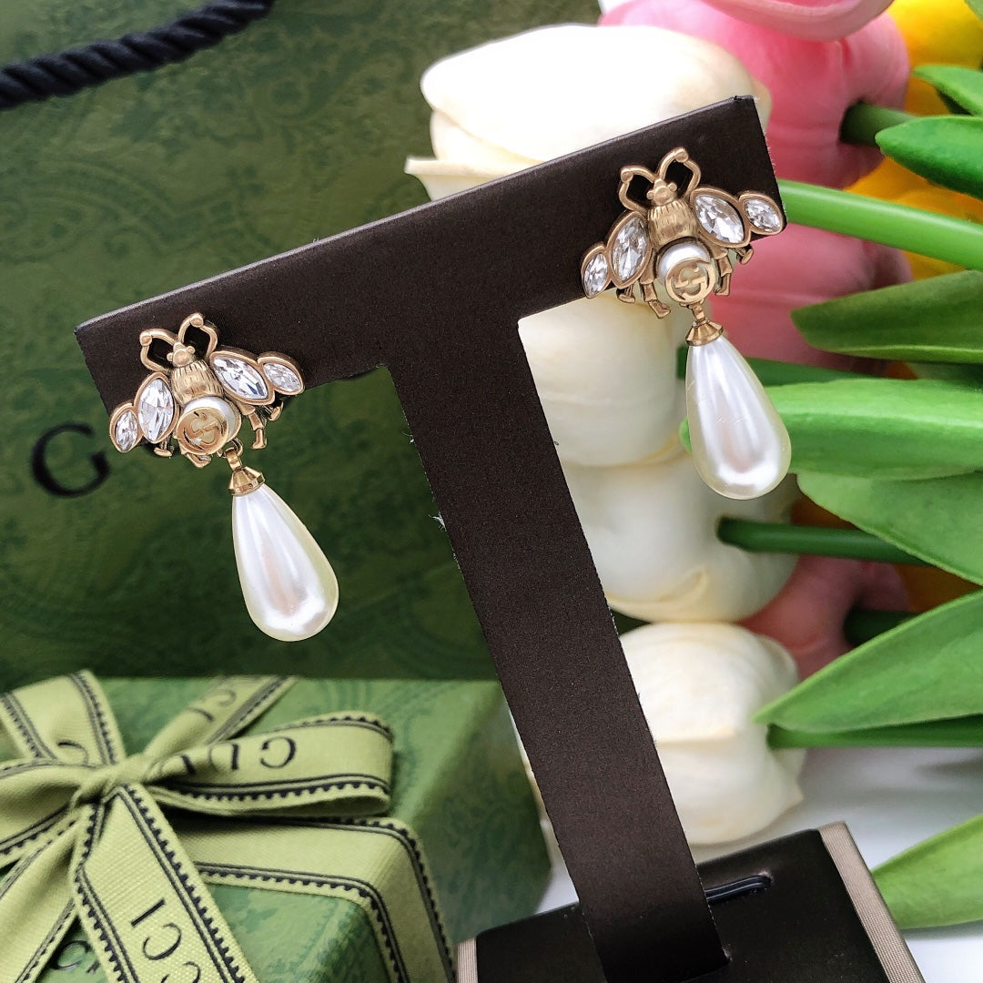 Bee Stud Earrings in Polished Metal-Tone – Bee Detail – Design 005 styled product view
