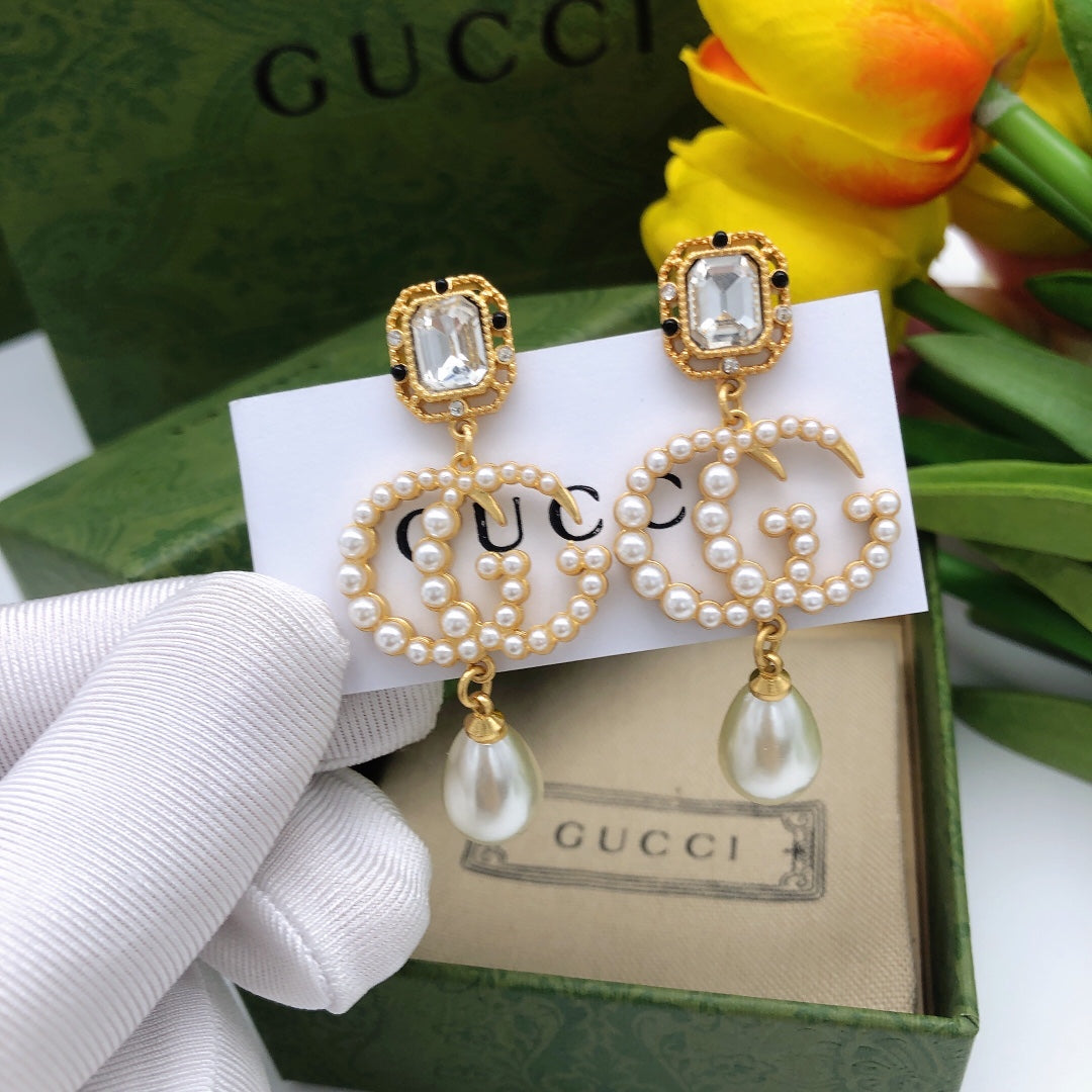 Geometric Emblem Stud Earrings in Polished Metal-Tone – Crystal Detail – Design 002 front product view