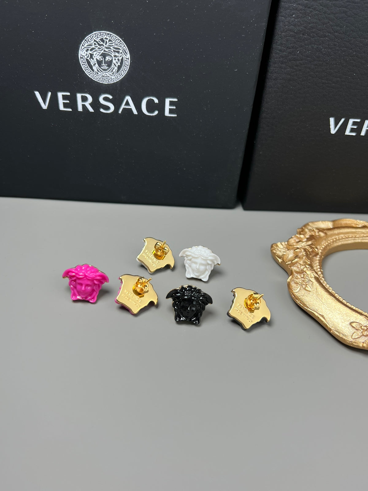 Statement Emblem Stud Earrings in Black-Tone – Streetwear – Design 03 front product view