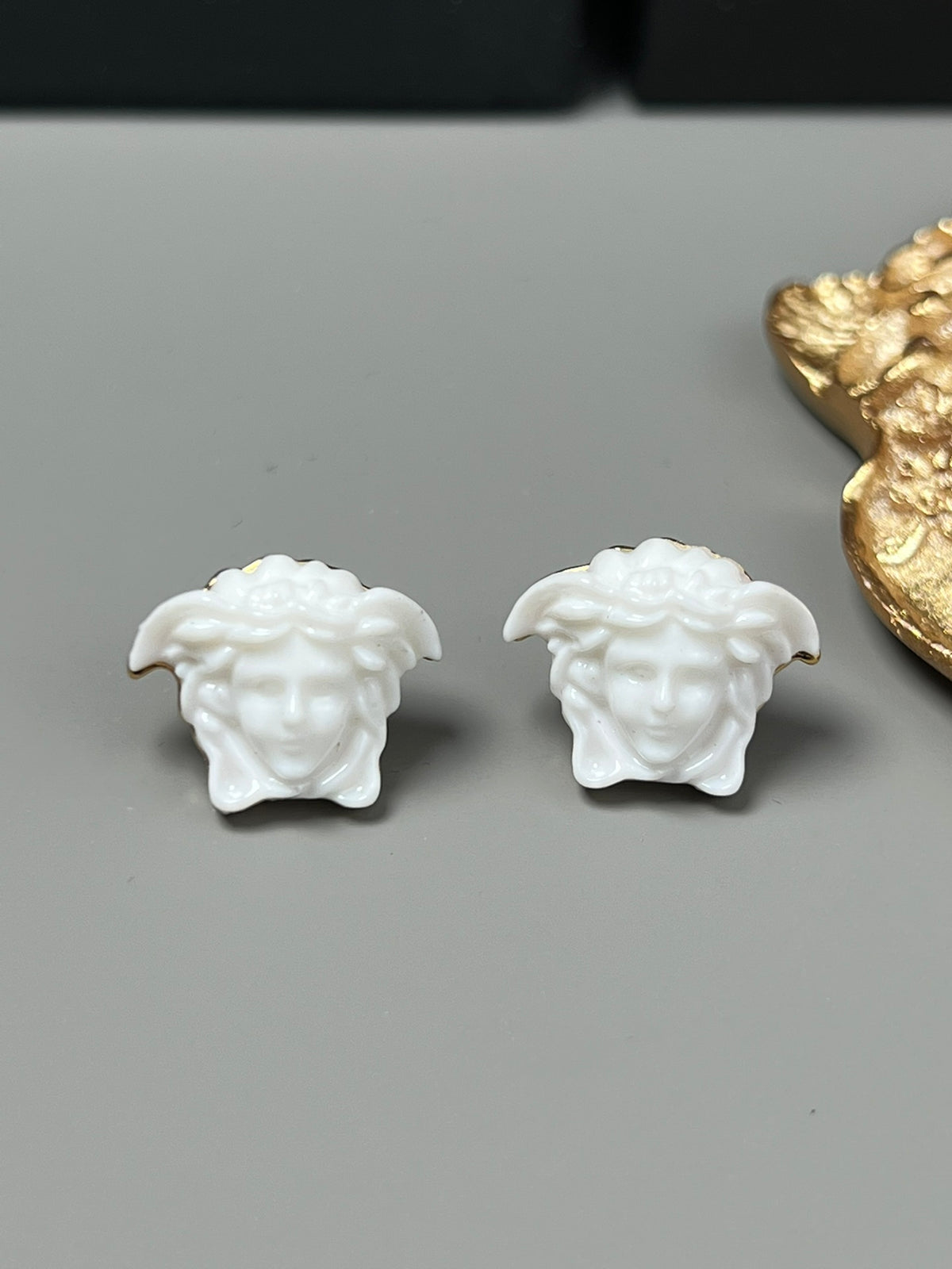 Statement Emblem Stud Earrings in Black-Tone – Streetwear – Design 03 styled product view