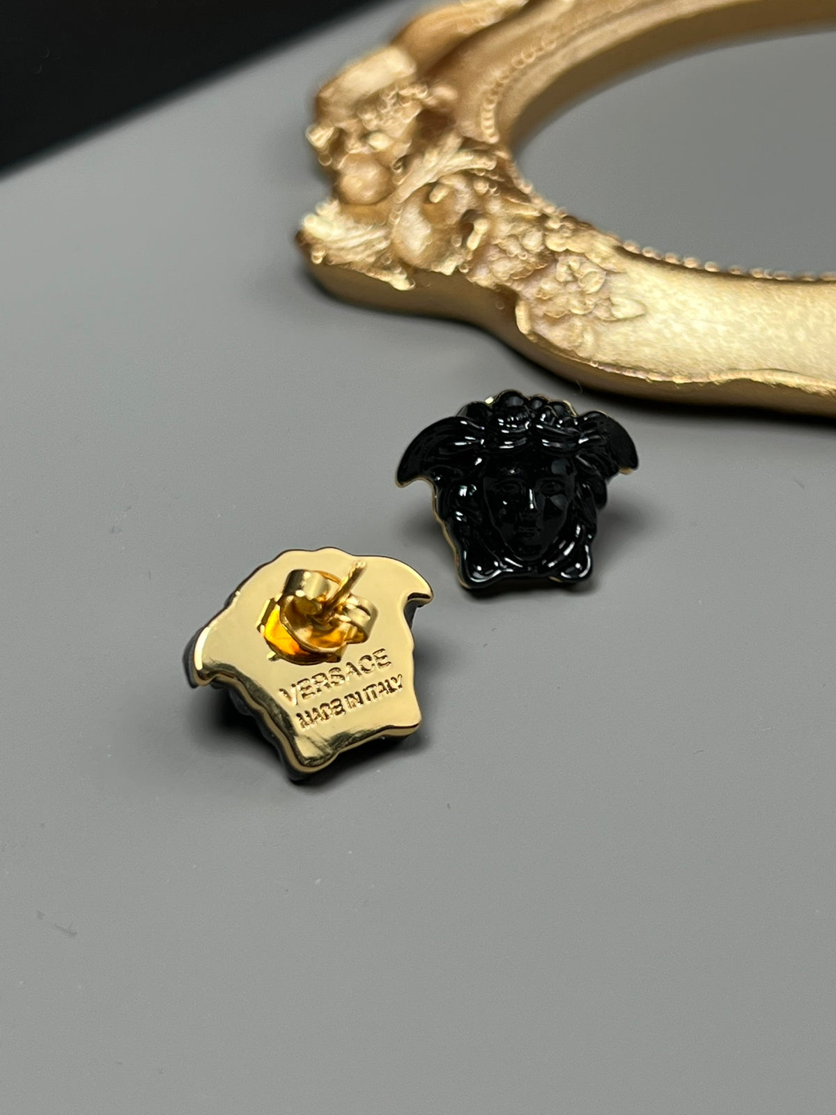 Statement Emblem Stud Earrings in Black-Tone – Streetwear – Design 03 side detail
