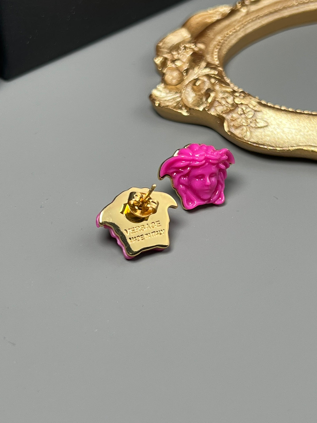Statement Emblem Stud Earrings in Black-Tone – Streetwear – Design 03 front product view