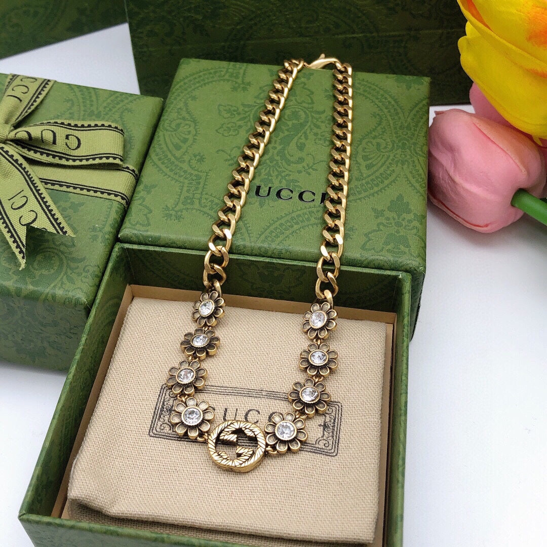 Double-G Emblem Pendant Necklace in Polished Metal-Tone – Design 027 front product view
