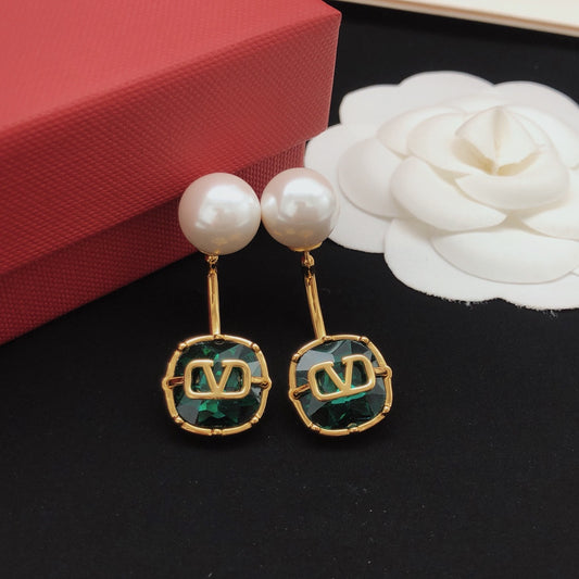 Signature Emblem Pearl-Detail Drop Earrings – Green main product view