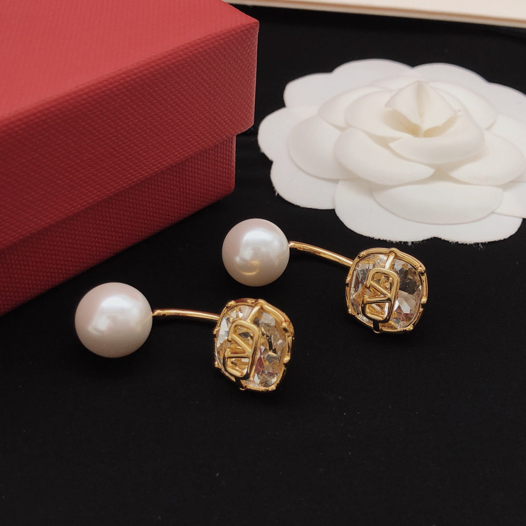 Signature Emblem Pearl-Detail Drop Earrings – White front view