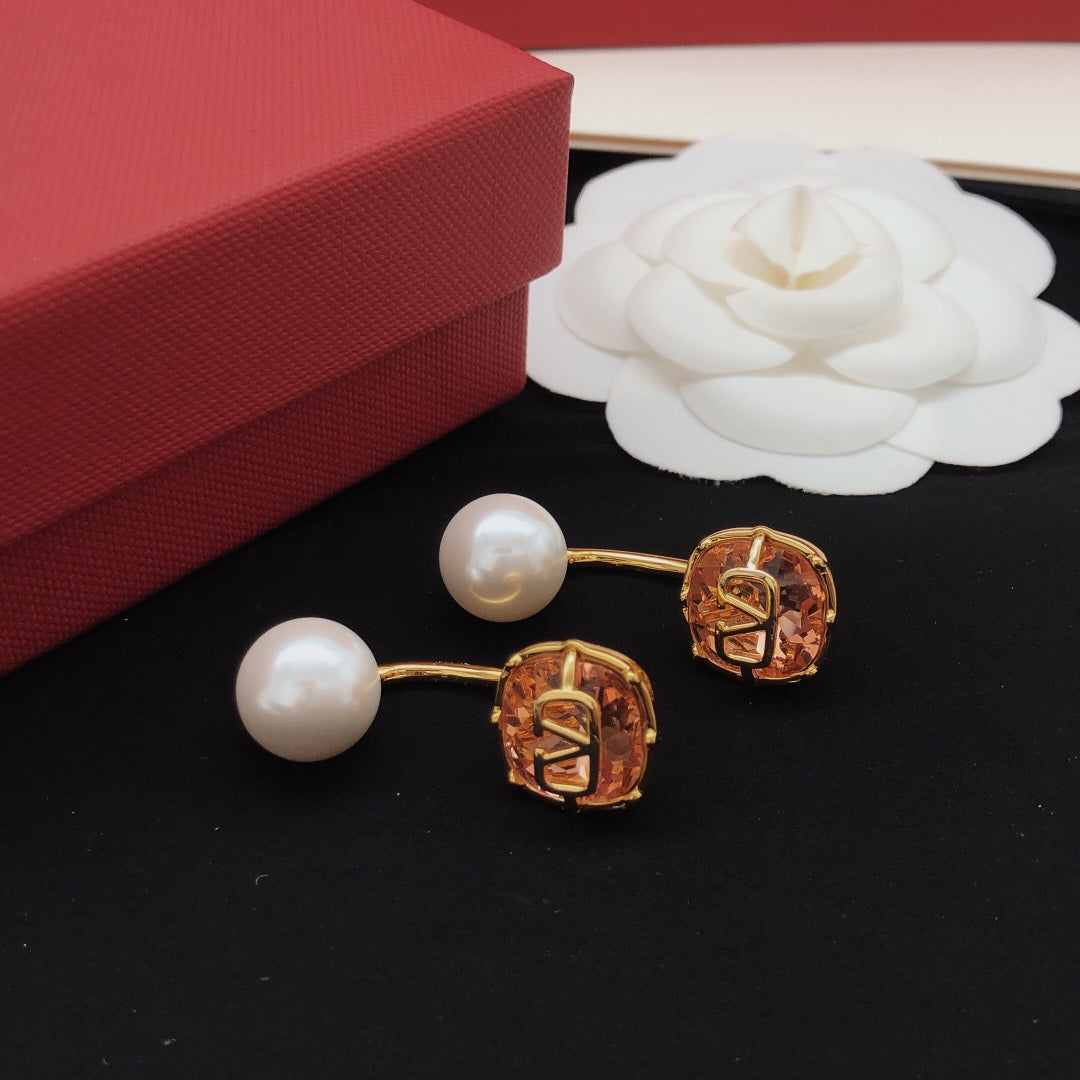 Signature Emblem Pearl-Detail Drop Earrings – Red front view