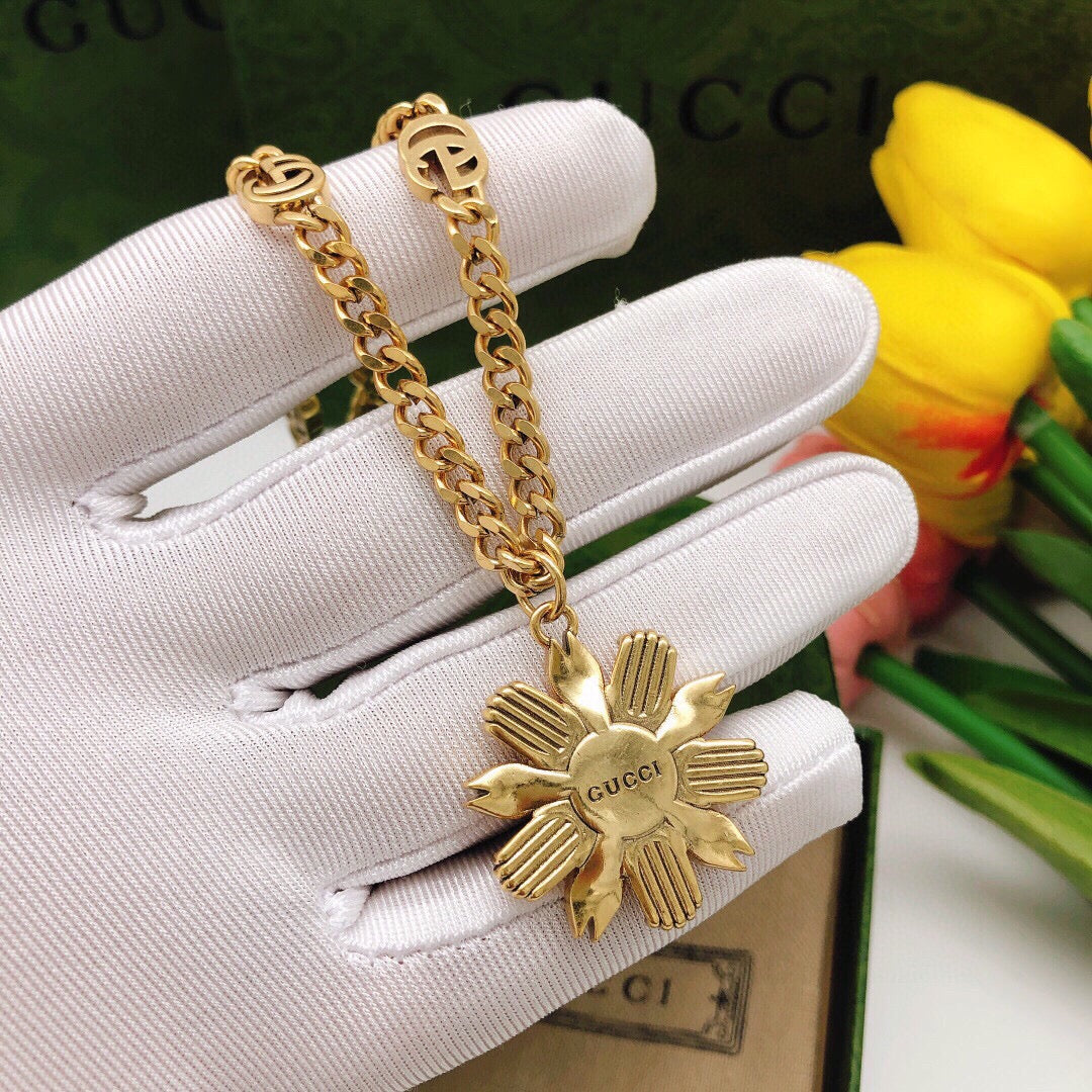 Floral Pendant Necklace in Polished Metal-Tone – Design 007 close-up detail