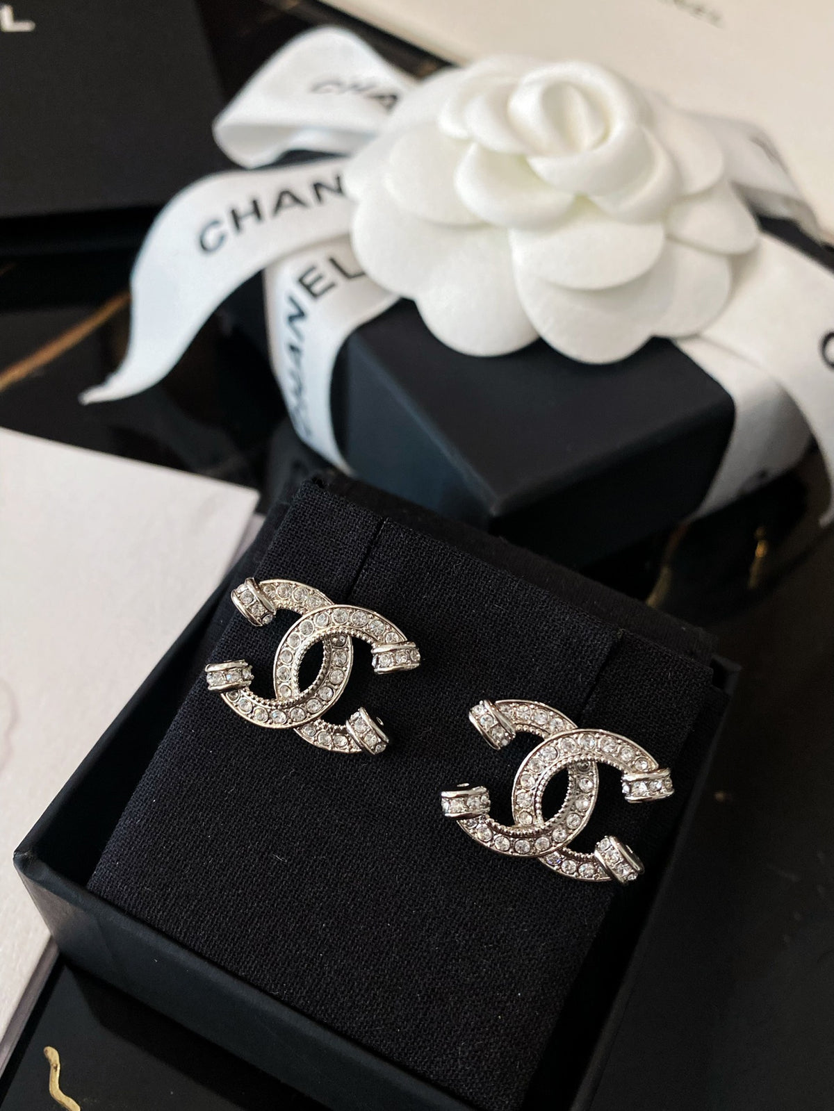 Double-C Emblem Crystal-Accent Stud Earrings – Pink Detail side detail