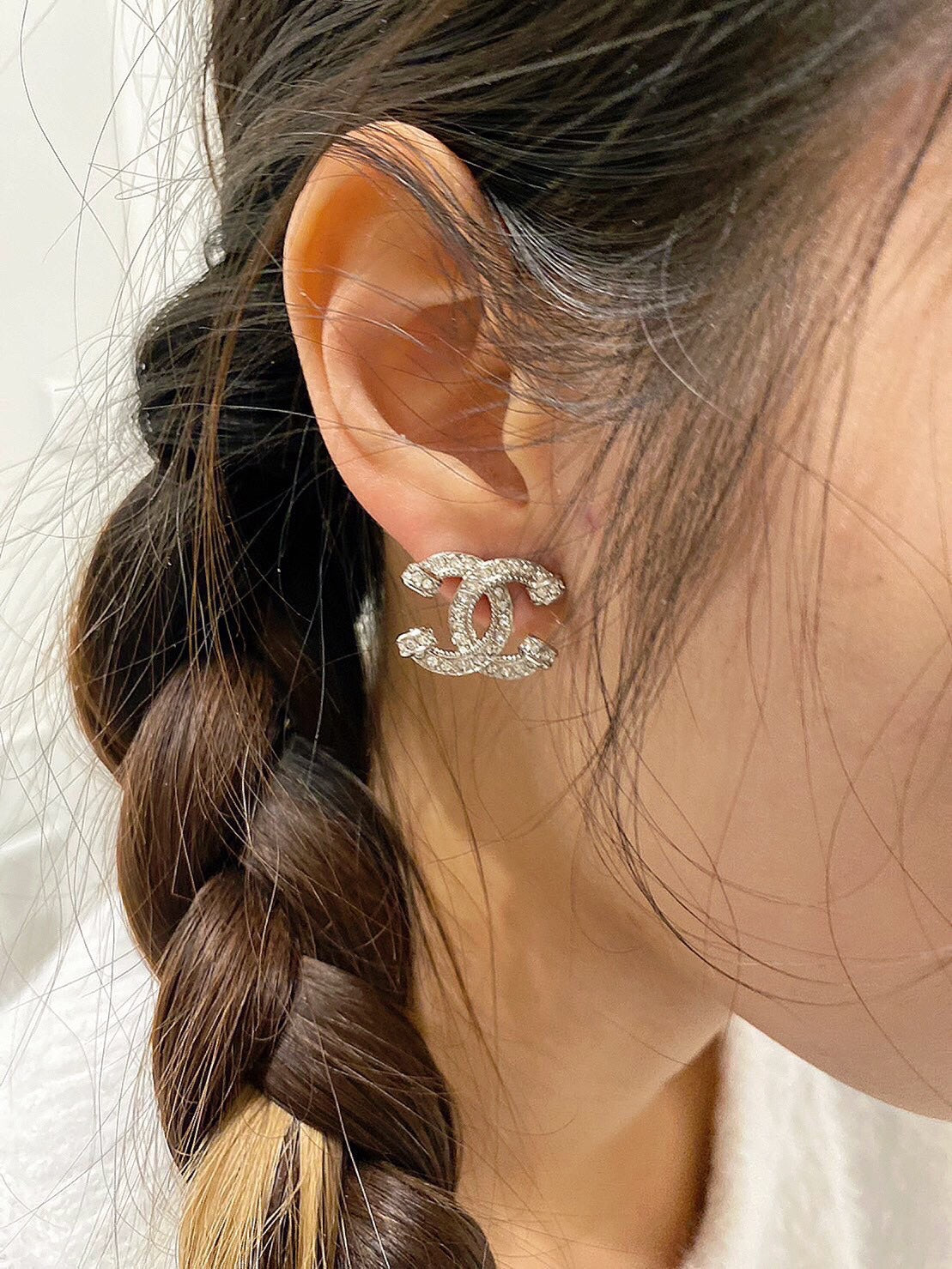 Double-C Emblem Crystal-Accent Stud Earrings – Pink Detail styled product view