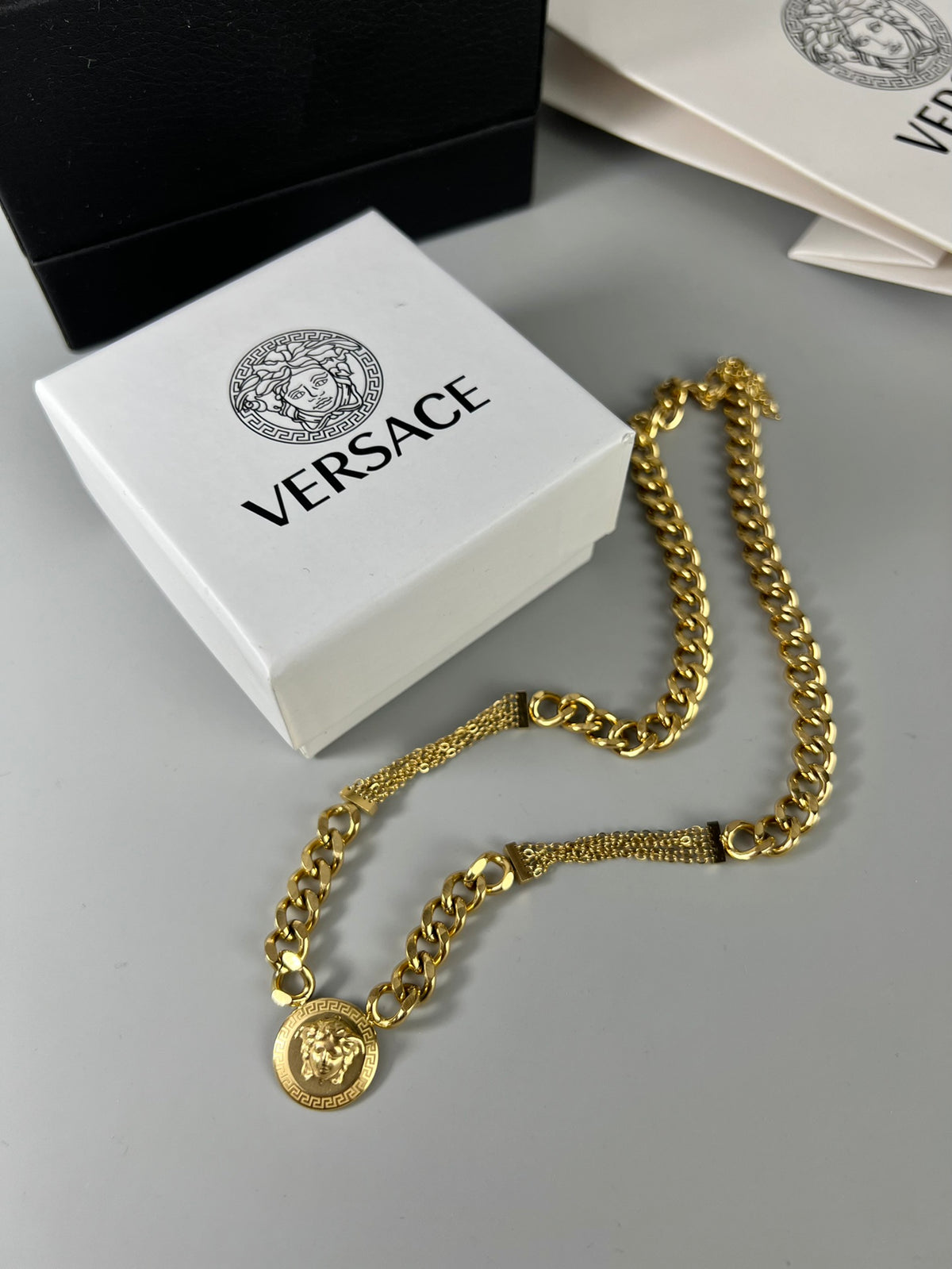 Medusa Head Pendant Necklace in Polished Metal-Tone – Design 06 detail view
