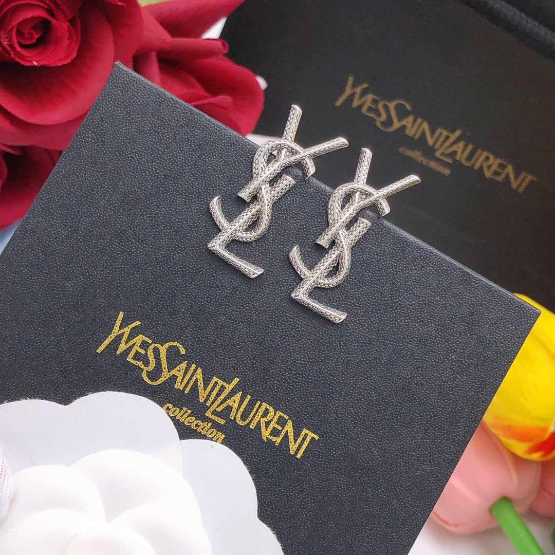 Letter Emblem Stud Earrings in Silver-Tone – Design 002 styled product view