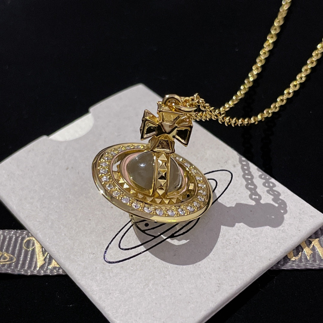 Orb Pendant Necklace in Polished Metal-Tone – Transparent Bead Detail side detail